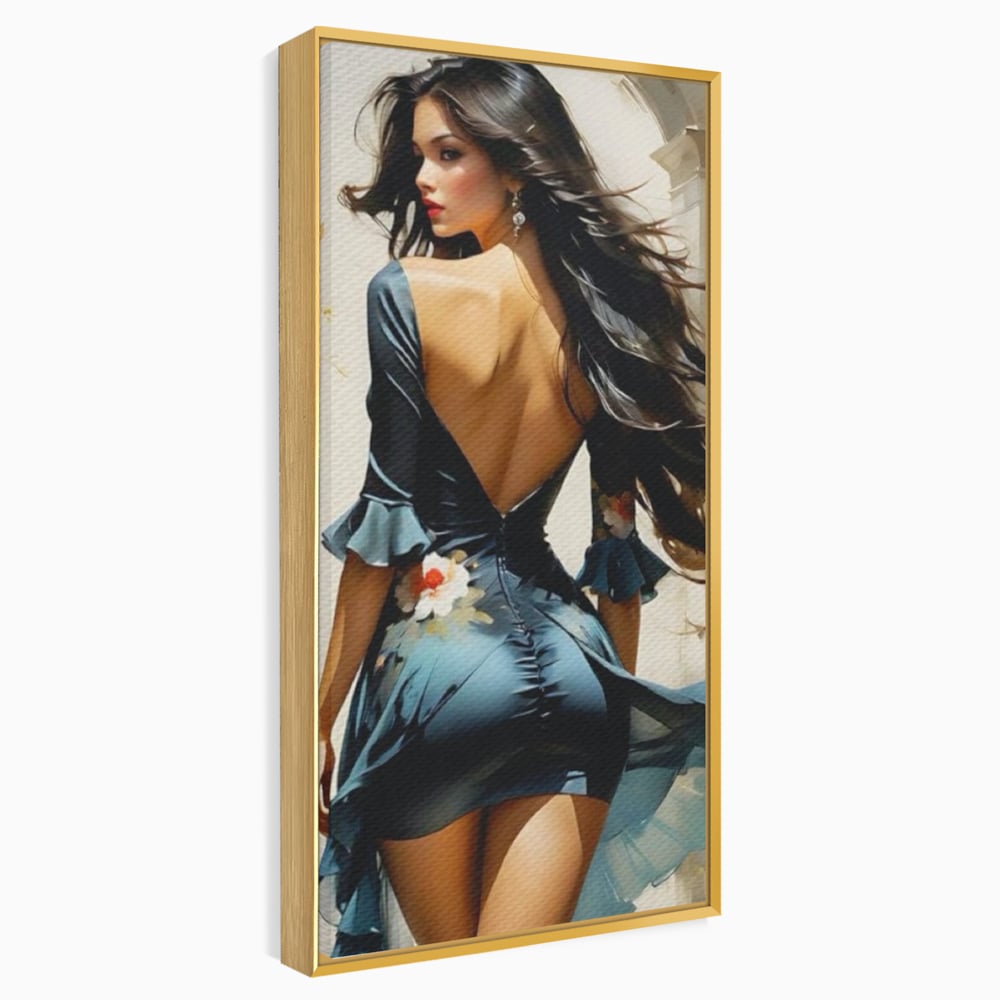 Tablou canvas cu tablou canvas cu femeie in rochie albastra, in rama de aluminiu auriu